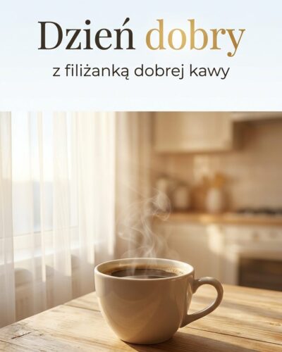 Parująca filiżanka kawy na drewnianym stole w porannym słońcu z napisem „Dzień dobry" i podtytułem o kawie.