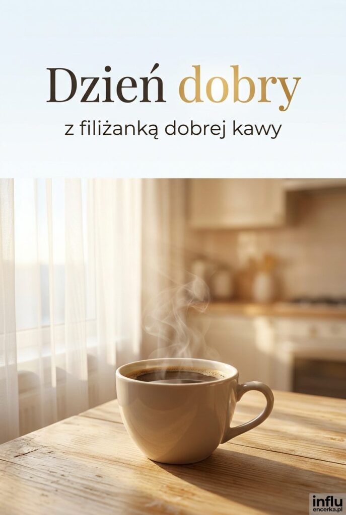 Parująca filiżanka kawy na drewnianym stole w porannym słońcu z napisem „Dzień dobry" i podtytułem o kawie.