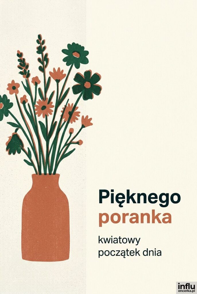 Płaska ilustracja bukietu polnych kwiatów w stylu risografu obok napisu „Pięknego poranka" i krótkiego podtytułu.