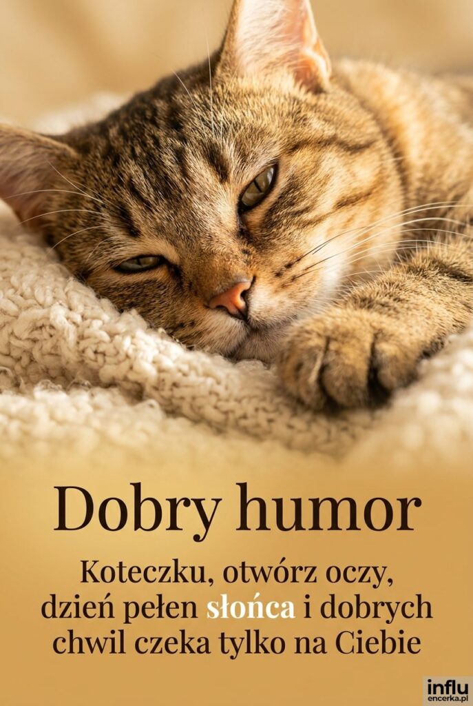 Makrofotografia budzącego się kota w ciepłym świetle z napisem „Dobry humor" i czułym życzeniem poranka.