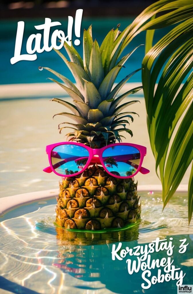 Ananas w różowych okularach przeciwsłonecznych stojący w basenie przy liściach palmy, z napisami „Lato!!”