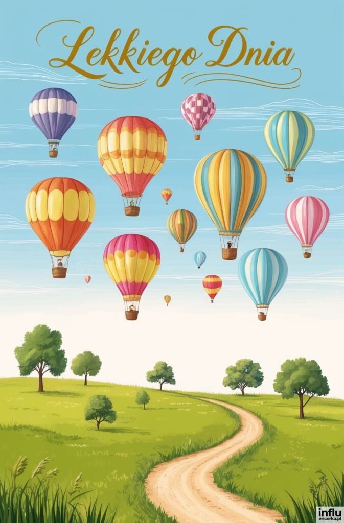Kolorowe balony na ogrzane powietrze unoszą się nad zieloną łąką z krętą drogą i drzewami, u góry złoty napis „Lekkiego Dnia”