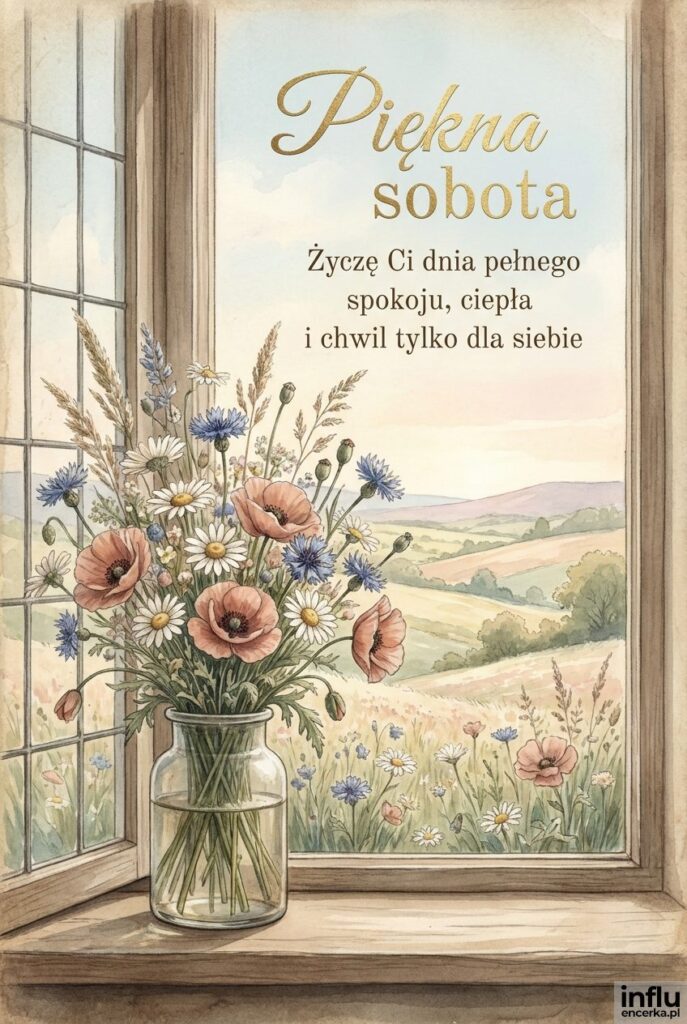 Bukiet polnych kwiatów na parapecie z widokiem na łąkę i napisem Piękna sobota w stylu vintage.