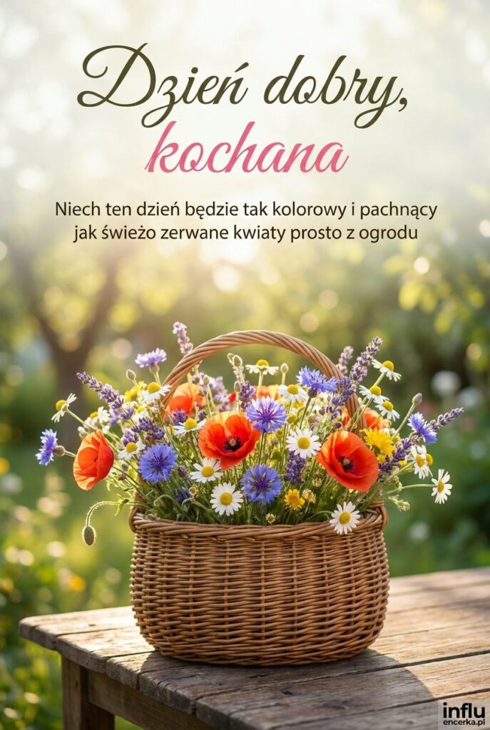 Bukiet polnych kwiatów w koszyku na drewnianym stole z napisem „Dzień dobry, kochana".