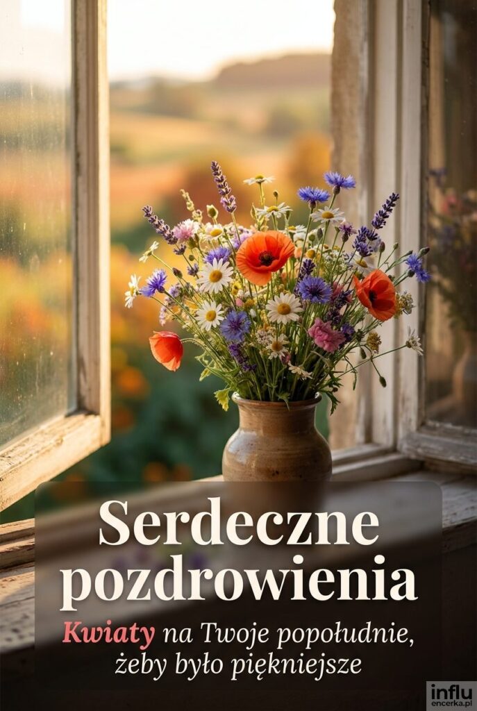 Bukiet polnych kwiatów na parapecie z napisem „Serdeczne pozdrowienia”.