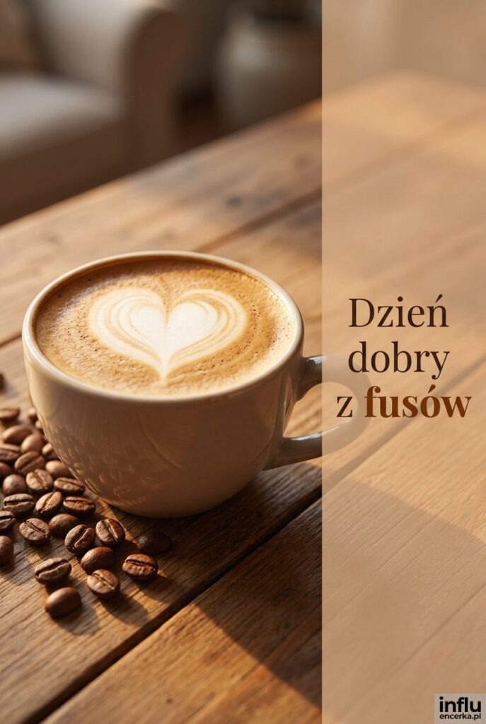 Filiżanka cappuccino z sercem z pianki na drewnianym stole z napisem „Dzień dobry z fusów".