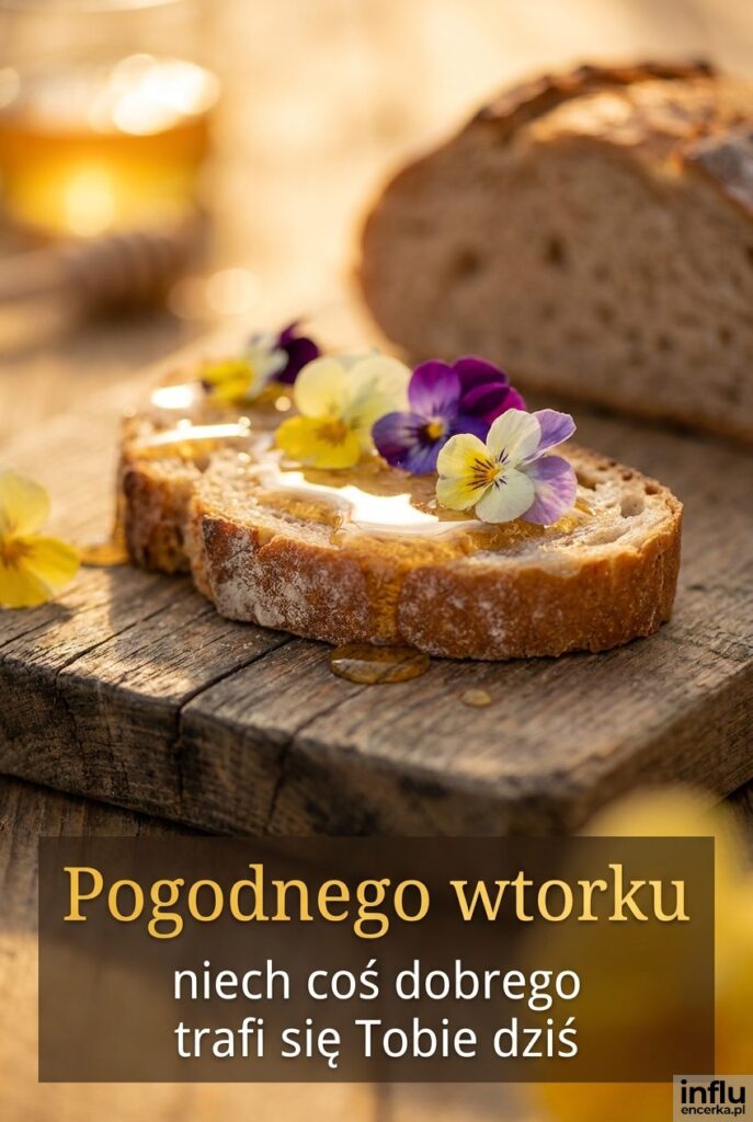 Kromka chleba z miodem i kwiatami na desce, napis Pogodnego wtorku