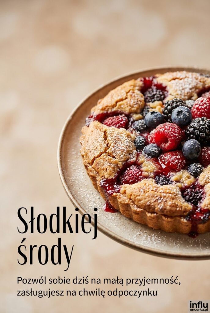 Świeże ciasto z owocami na talerzu z napisem Słodkiej środy