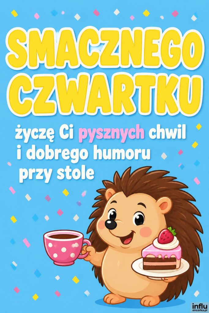 Kreskówkowy jeżyk z filiżanką i ciastem na pastelowym tle z napisem „Smacznego czwartku".