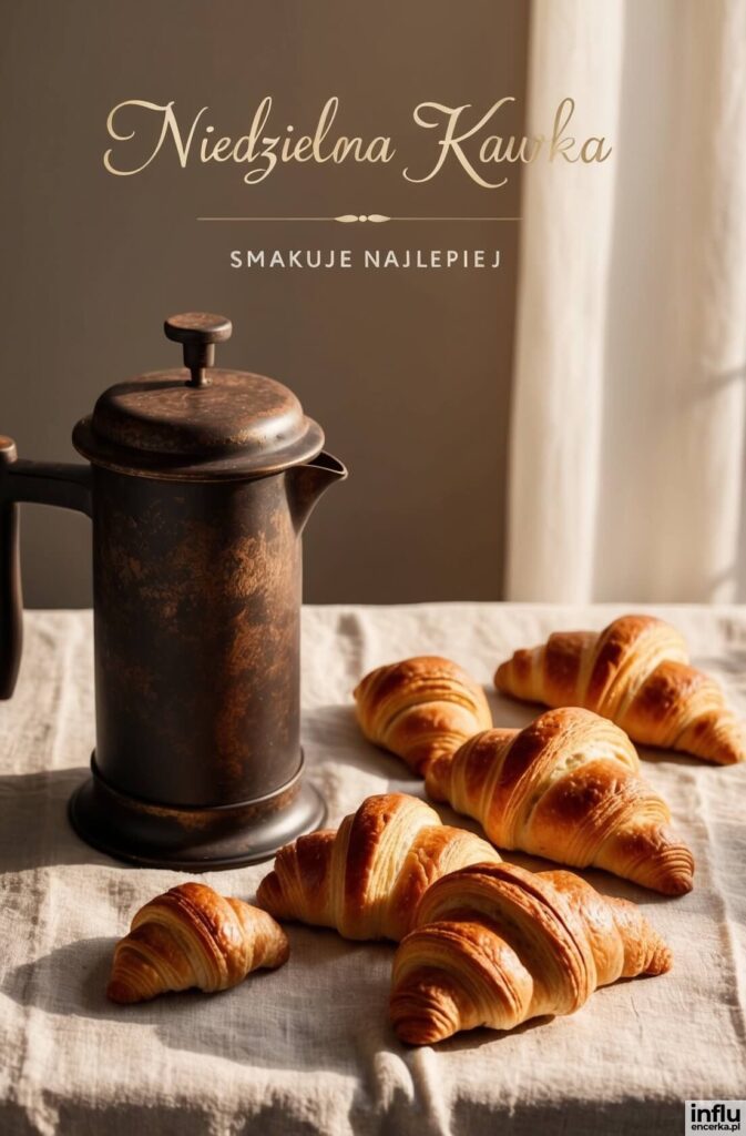 Rustykalny french press i świeże croissanty na lnianym obrusie, z napisem „Niedzielna Kawka smakuje najlepiej”