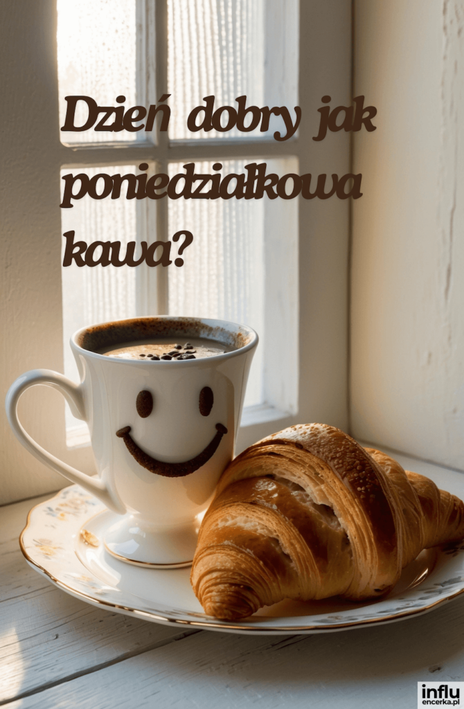 Filiżanka kawy z uśmiechniętą buzią i rogalik na spodku przy oknie, z napisem „Dzień dobry jak poniedziałkowa kawa?”