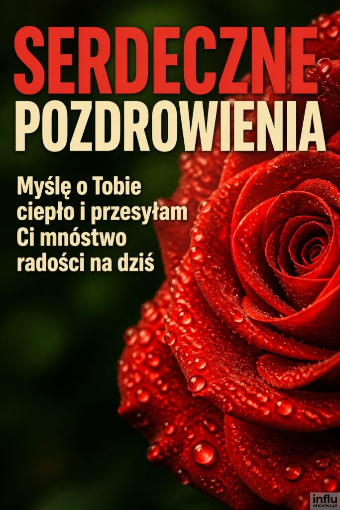 Makro czerwonej róży z rosą i nagłówkiem „SERDECZNE POZDROWIENIA" na ciemnym tle.