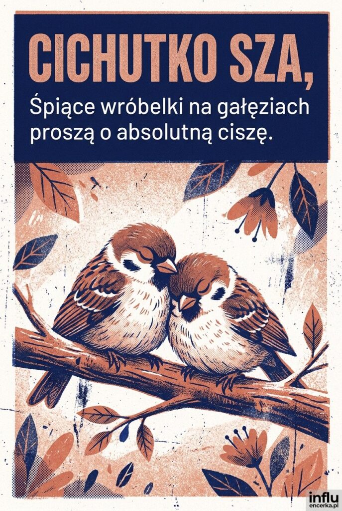 Dwa przytulone śpiące ptaszki w technice riso opatrzone prośbą „Cichutko sza”.