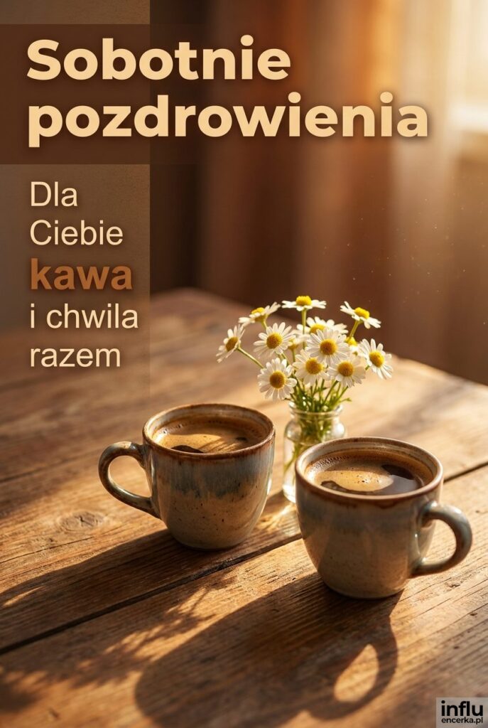 Dwie filiżanki kawy i stokrotki na stole z napisem Sobotnie pozdrowienia