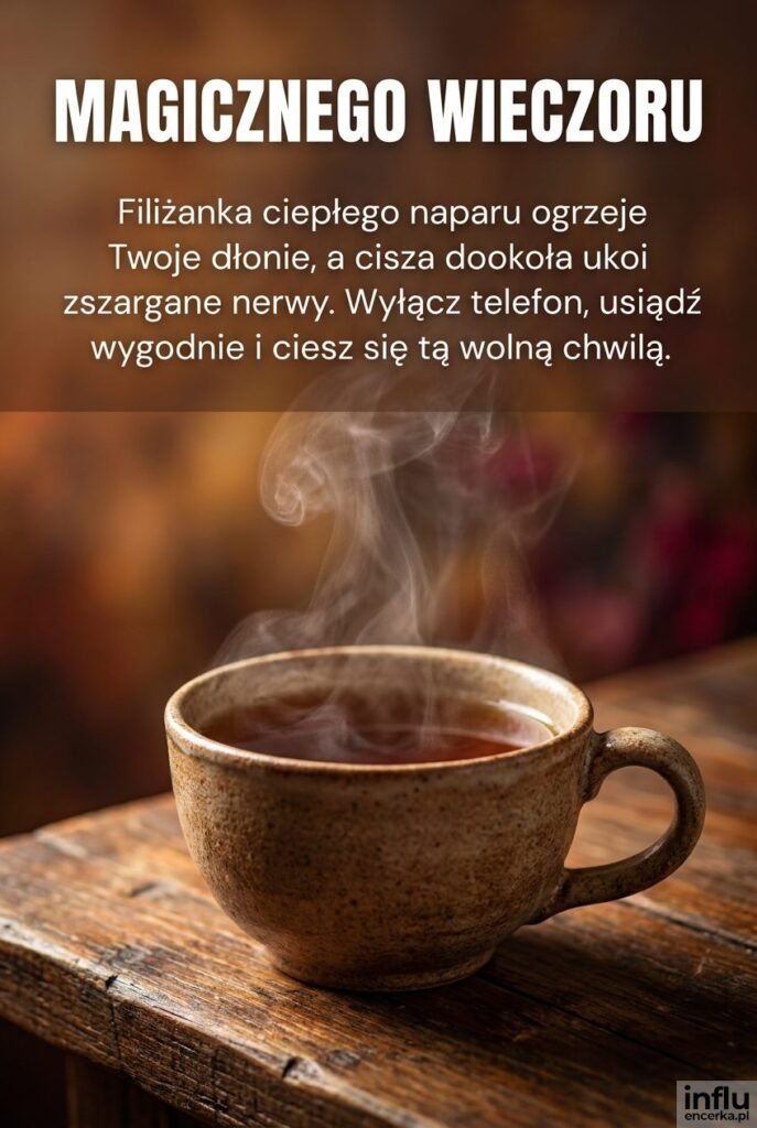 Zdjęcie parującej herbaty z dużym napisem „Magicznego wieczoru” i życzeniami.