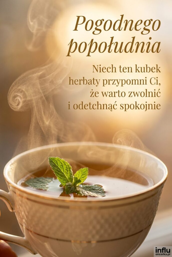 Bliski kadr filiżanki herbaty z listkiem mięty i napisem „Pogodnego popołudnia”.