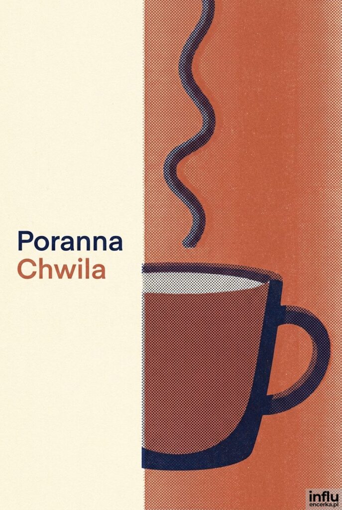 Płaska ilustracja filiżanki kawy w stylu risografu z napisem „Poranna Chwila".