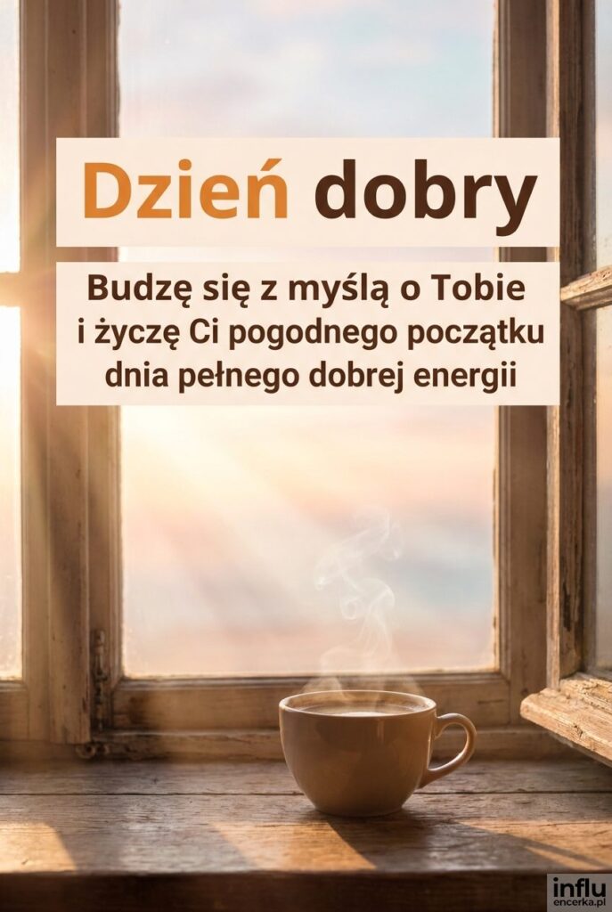 Filiżanka parującej kawy na parapecie w blasku wschodzącego słońca z napisem „Dzień dobry”.