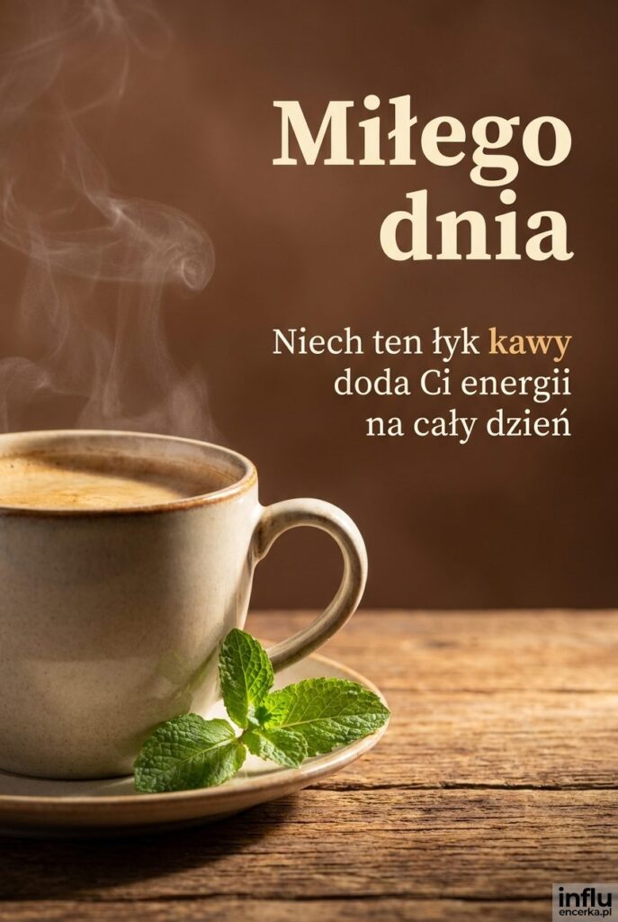 Parująca filiżanka kawy na drewnianym stole z napisem Miłego dnia obok