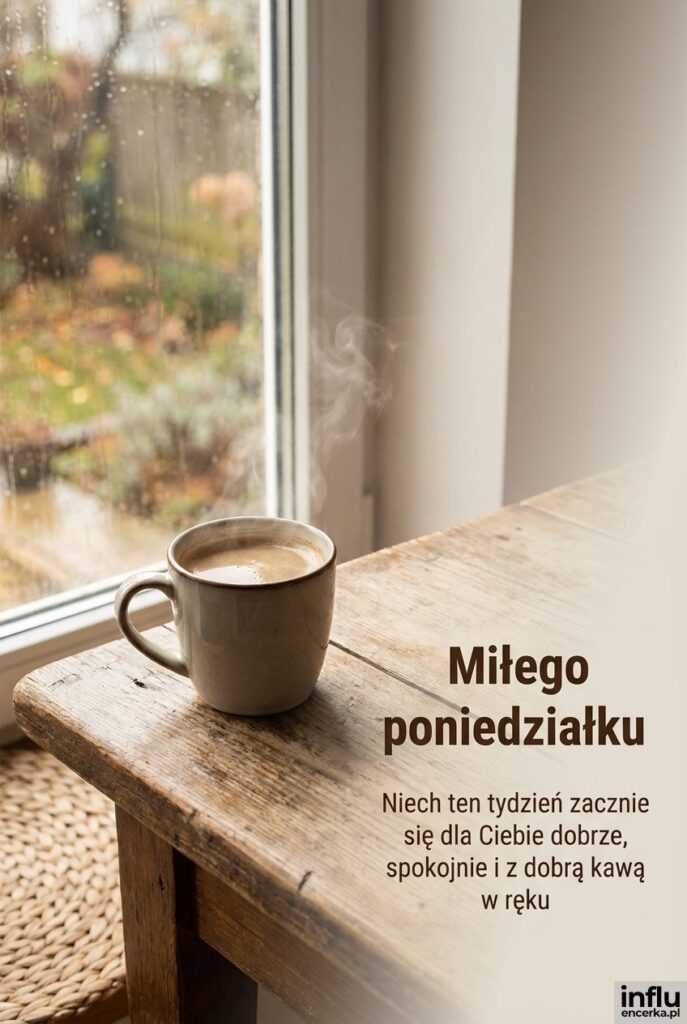Filiżanka kawy na drewnianym stole w poranny poniedziałek z napisem Miłego poniedziałku