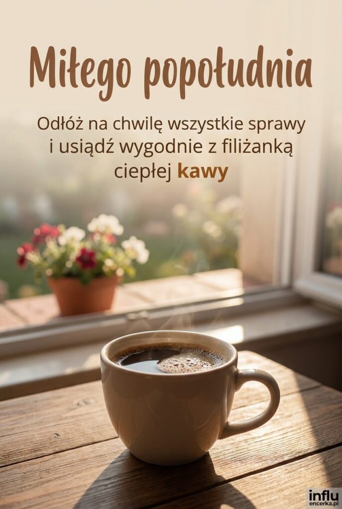 Filiżanka kawy na stole przy oknie w popołudniowym świetle z napisem „Miłego popołudnia”.