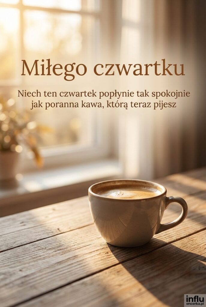 Filiżanka kawy na drewnianym stole w porannym świetle z napisem Miłego czwartku