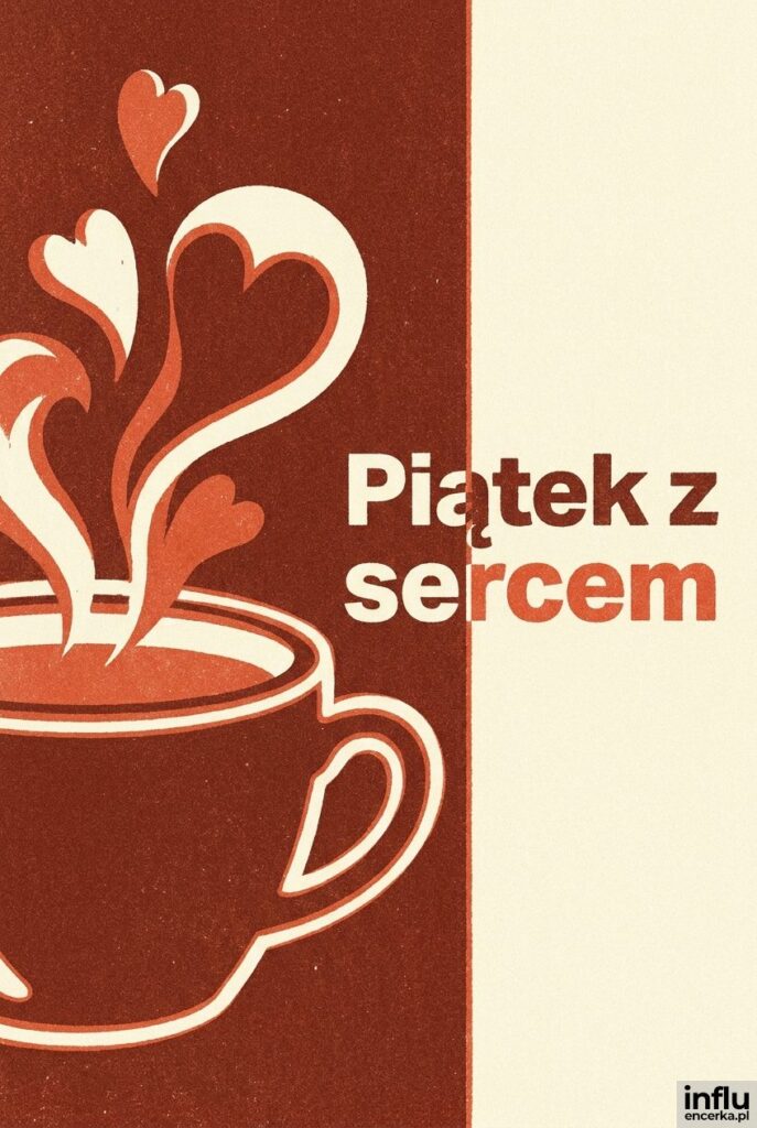 Płaska ilustracja filiżanki kawy z parą w kształcie serc w stylu risografu z napisem „Piątek z sercem".