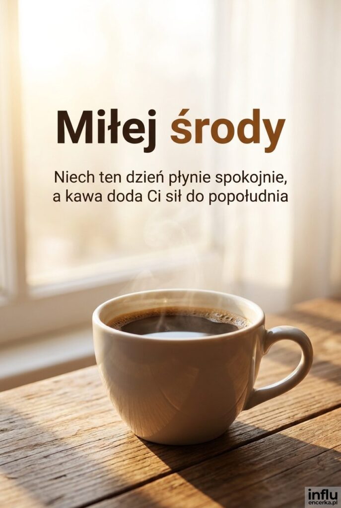 Filiżanka kawy na stole w porannym świetle z napisem Miłej środy
