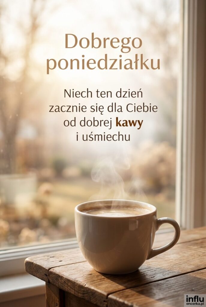 Filiżanka parującej kawy przy oknie w słonecznym świetle z napisem Dobrego poniedziałku.