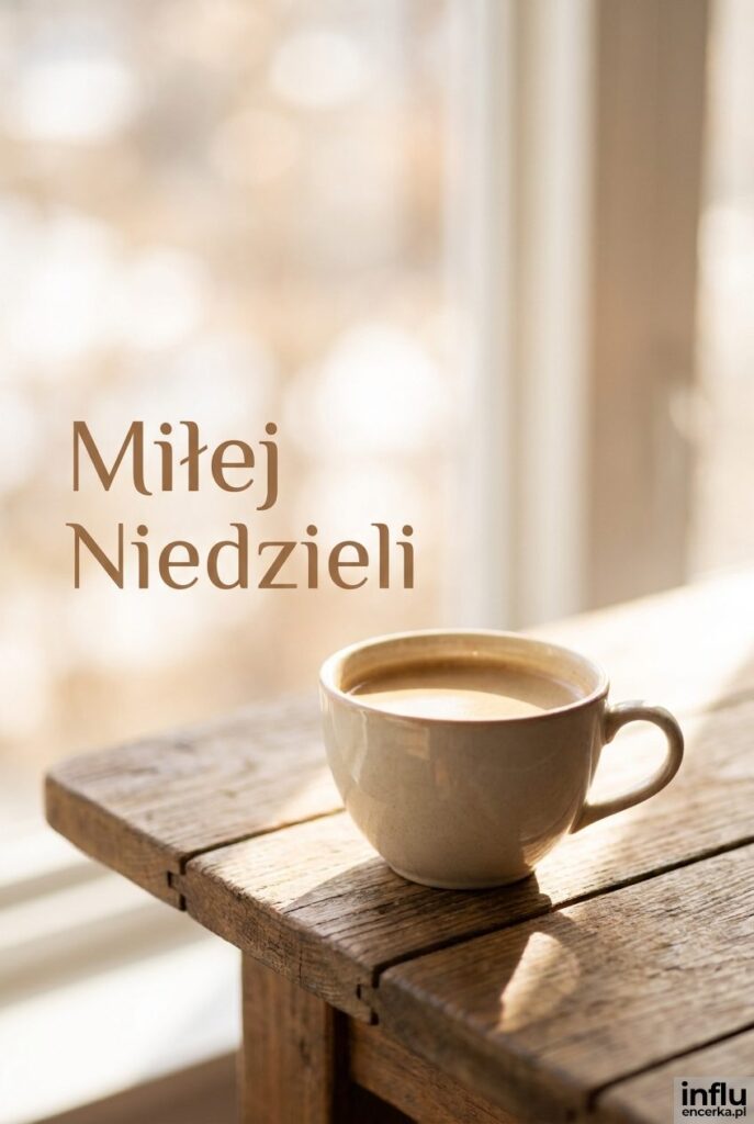 Filiżanka kawy w słonecznym oknie z napisem „Miłej Niedzieli" na rozmytym tle.