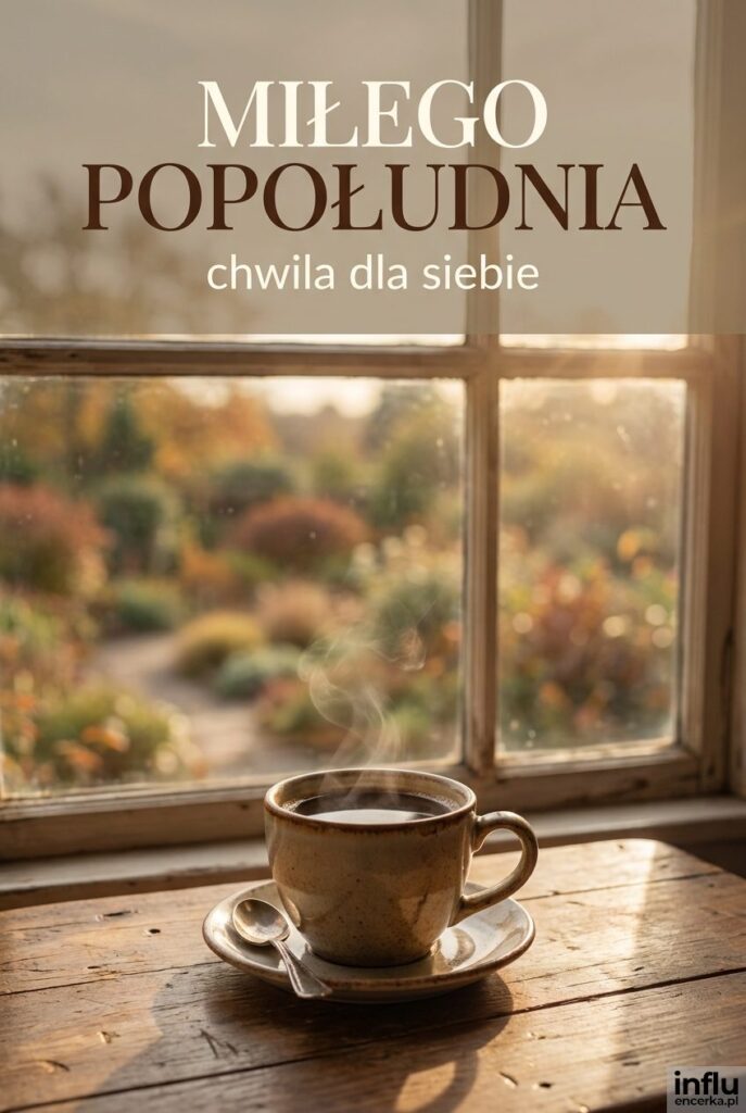 Filiżanka kawy na stole przy oknie w złotym świetle popołudnia z napisem „Miłego popołudnia".