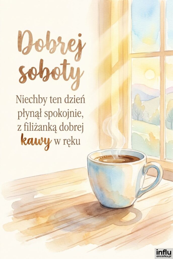 Filiżanka kawy na stole w słonecznym świetle z napisem Dobrej soboty w stylu akwareli.