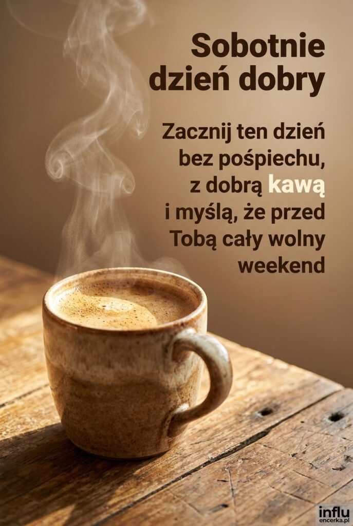 Filiżanka kawy na stole z nagłówkiem „Sobotnie dzień dobry” w ciepłym świetle