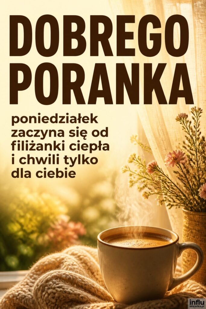 Filiżanka kawy w słonecznym oknie i napis „Dobrego poranka" na kartce na poniedziałek.