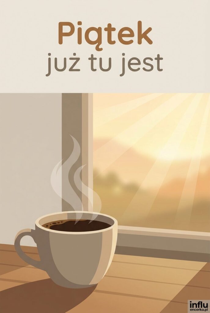 Filiżanka kawy w promieniach słońca na stole przy oknie z napisem „Piątek już tu jest".