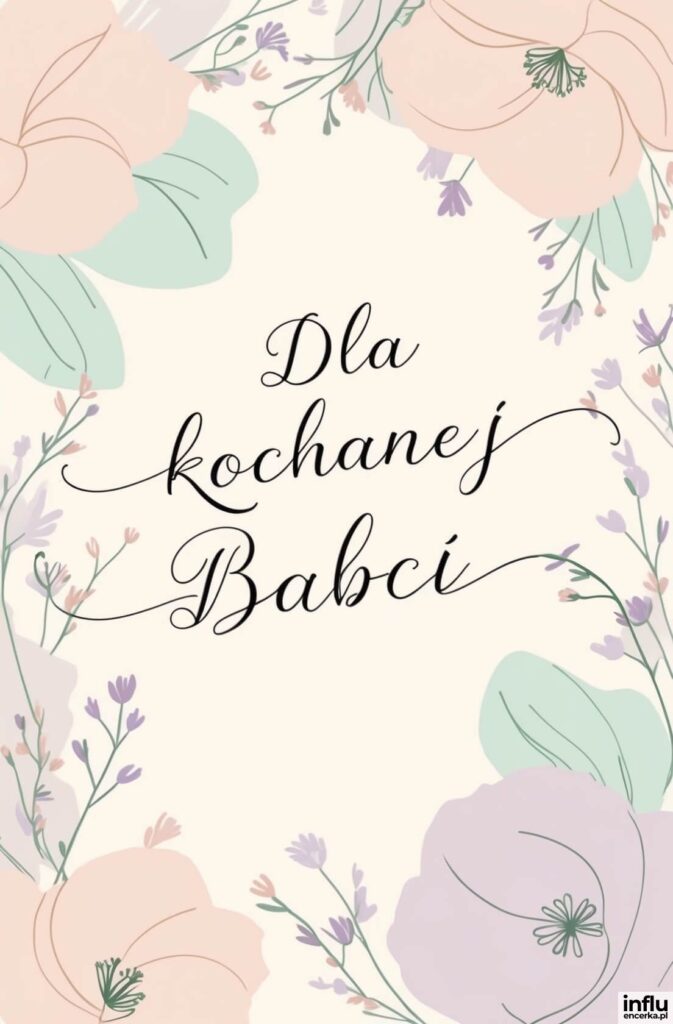 Pastelowa kartka z kwiatami w odcieniach różu i fioletu z kaligraficznym napisem „Dla kochanej Babci”
