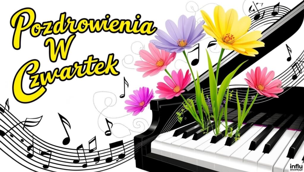 Kolorowe stokrotki wyrastające z klawiszy fortepianu z nutami i żółtym napisem „Pozdrowienia W Czwartek”