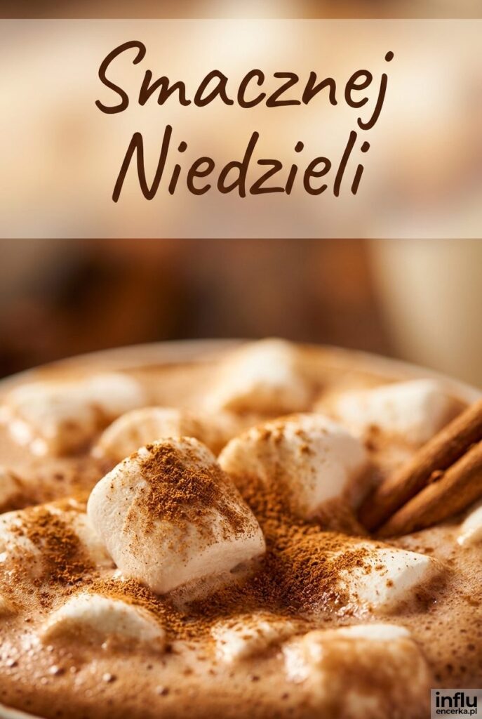 Zbliżenie na gorącą czekoladę z piankami i napis „Smacznej Niedzieli" na rozmytym tle.