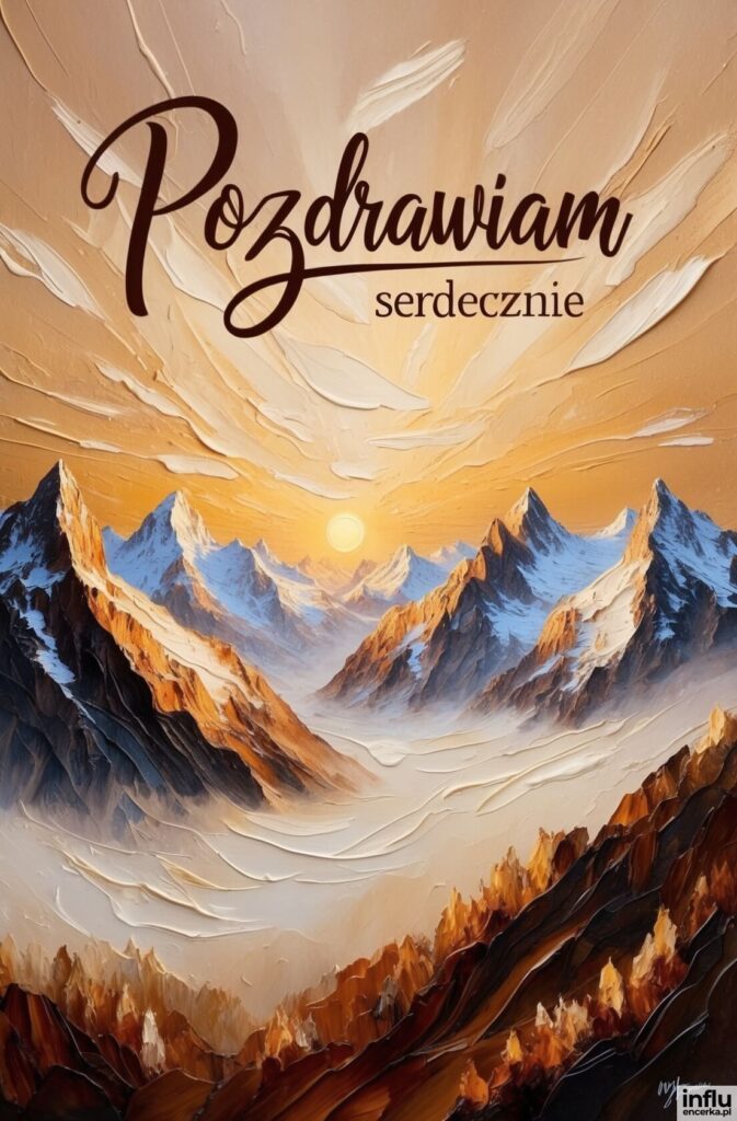 Malowane olejem ośnieżone szczyty górskie o wschodzie słońca z napisem „Pozdrawiam serdecznie”