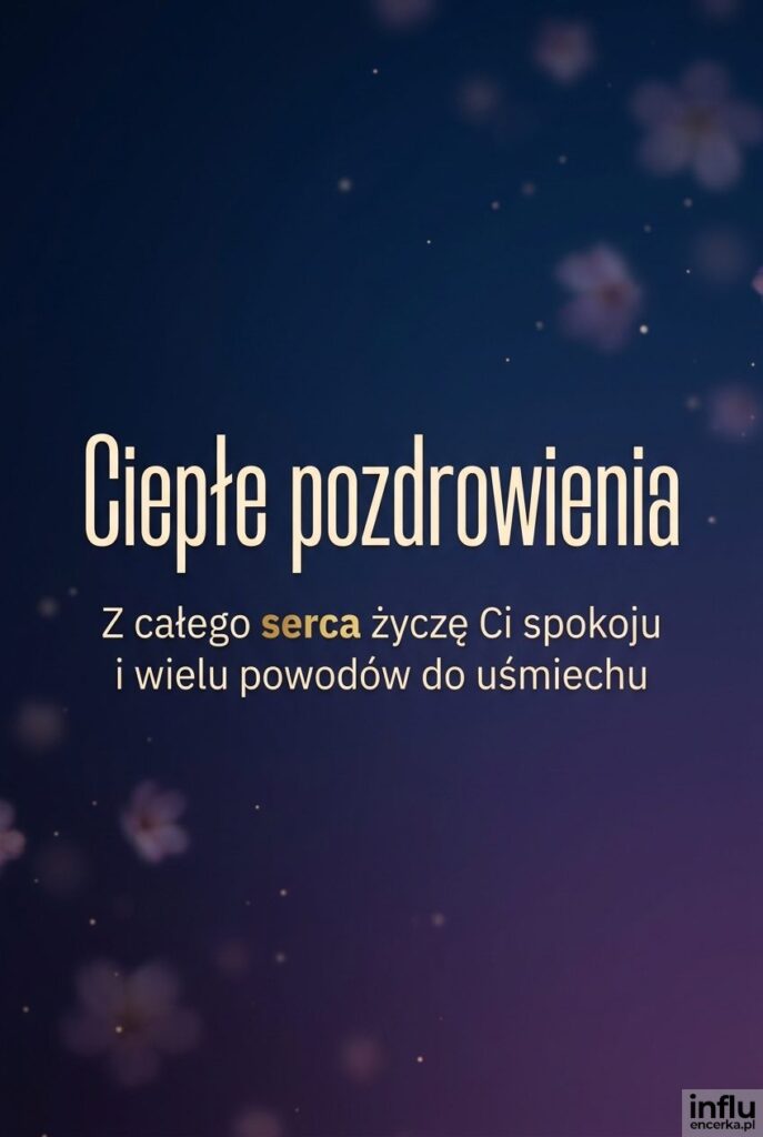 Nastrojowy gradient granatowo-fioletowy z bokeh i napisem Ciepłe pozdrowienia na środku