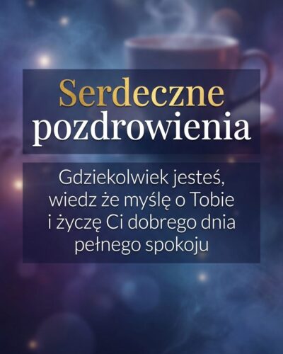 Nastrojowy granatowo-fioletowy gradient z rozmytą filiżanką kawy i napisem „Serdeczne pozdrowienia”.