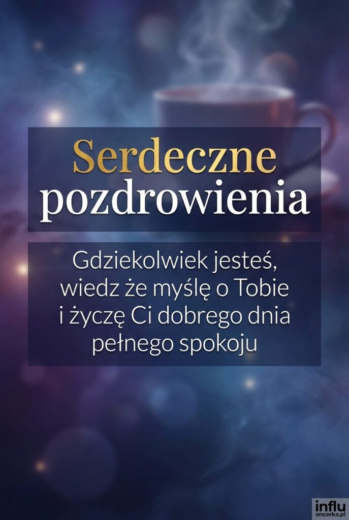 Nastrojowy granatowo-fioletowy gradient z rozmytą filiżanką kawy i napisem „Serdeczne pozdrowienia”.
