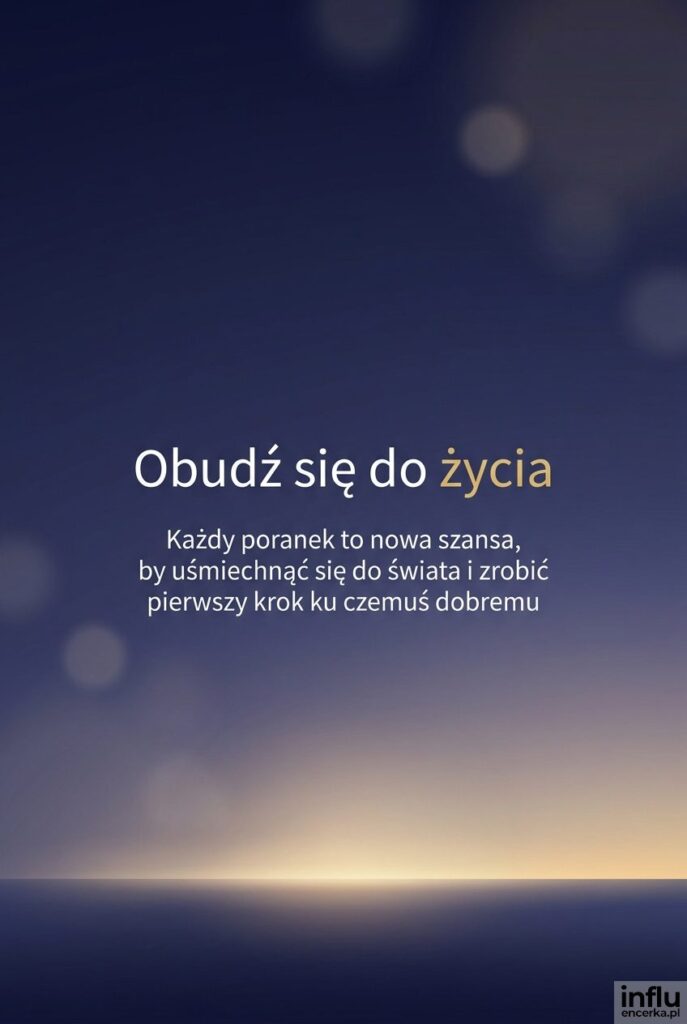 Nastrojowy gradient nieba o wschodzie słońca z napisem „Obudź się do życia".