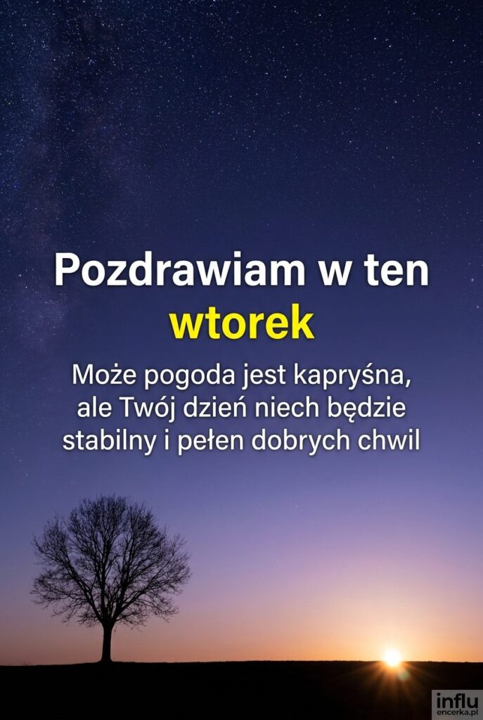 Sylwetka drzewa na tle gwiaździstego nieba ze wschodzącym słońcem, napis Pozdrawiam w ten wtorek