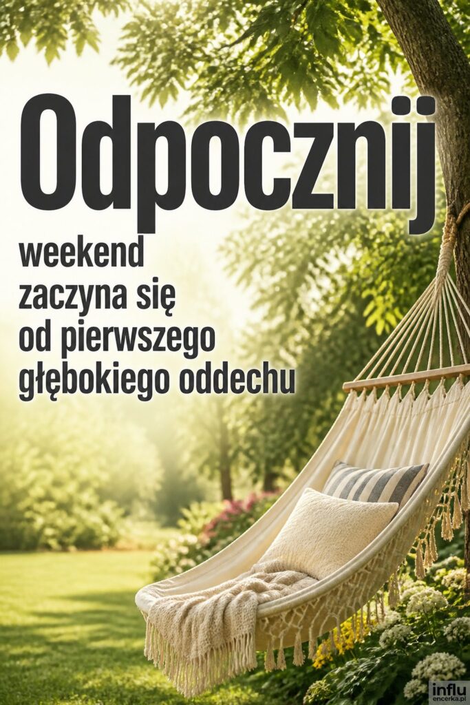 Hamak między drzewami w słonecznym ogrodzie z nagłówkiem „Odpocznij” w ciemnym bezszeryfowym kroju.