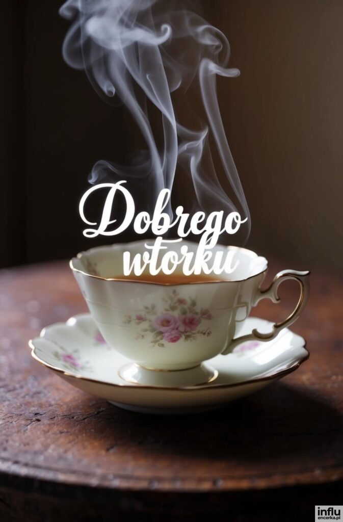 Porcelanowa filiżanka z herbatą zdobiona różyczkami, z unoszącem się parą i napisem „Dobrego wtorku”