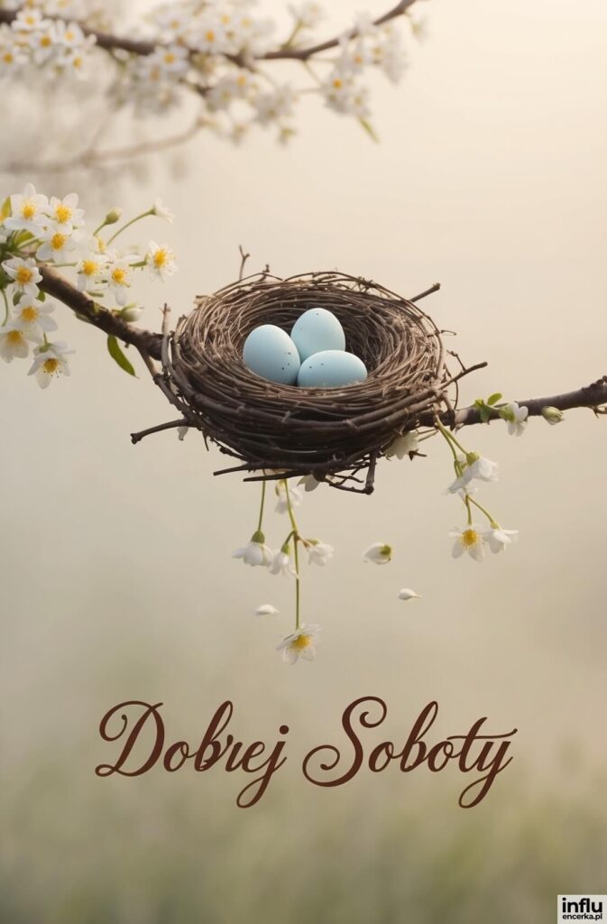 Ptasie gniazdo z trzema błękitnymi jajkami na kwitnącej gałęzi wiśni, napis „Dobrej Soboty”