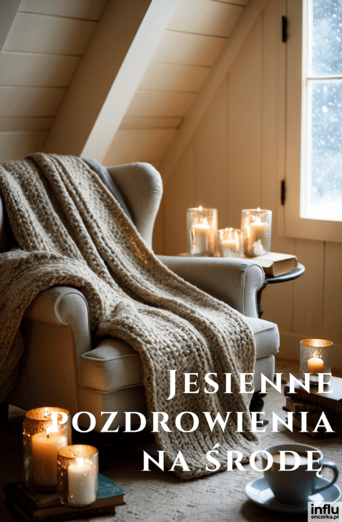 Przytulny fotel z grubym wełnianym kocem, świece i filiżanka kawy przy oknie na które pada śnieg, z napisem „Jesienne pozdrowienia na środę”