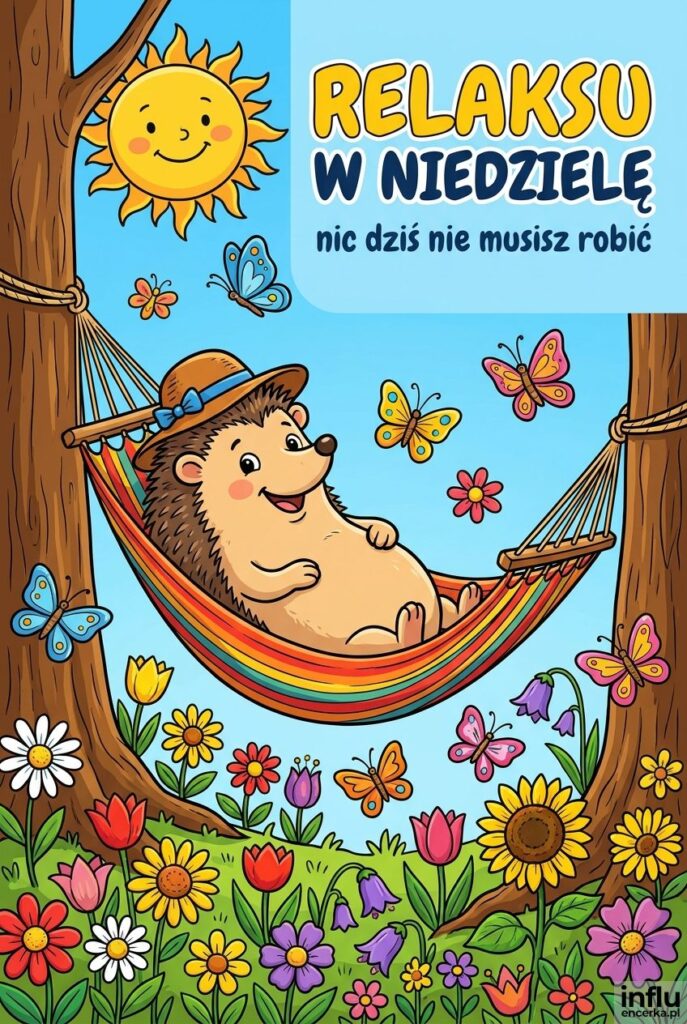 Kolorowa ilustracja jeża w hamaku otoczonego kwiatami i motylami z napisem „Relaksu w niedzielę".