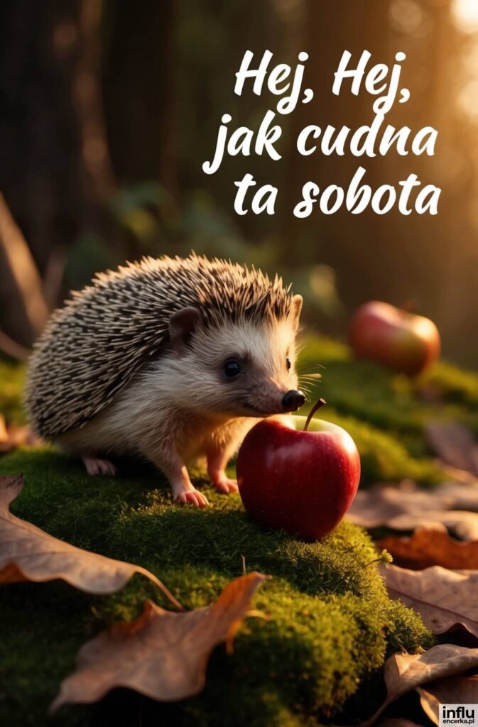 Jeż wąchający czerwone jabłko na omszałym kamieniu w jesiennym lesie, z napisem „Hej, Hej, jak cudna ta sobota”